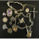 Various items of silver jewellery to include a hallmarked silver watch chain with two fobs, T-bar