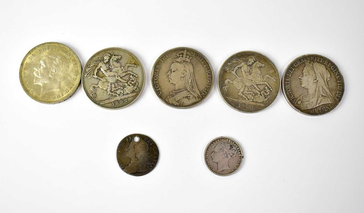 Four Victorian silver crowns dated 1890, 1891, 1892 and 1896, also a George V 1935 half silver - Image 2 of 2