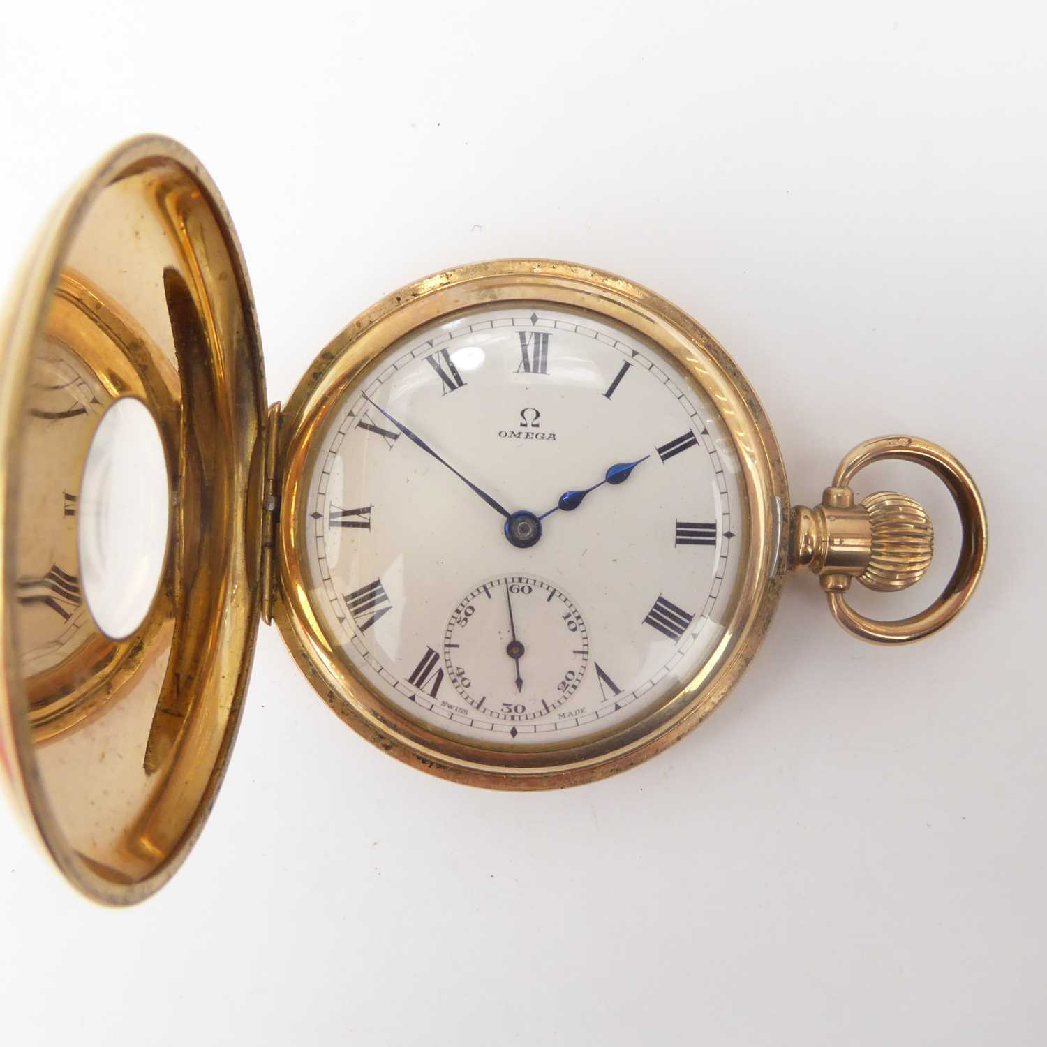 OMEGA; a gold plated demi hunter pocket watch, the white enamelled dial set with Roman numerals - Image 3 of 3