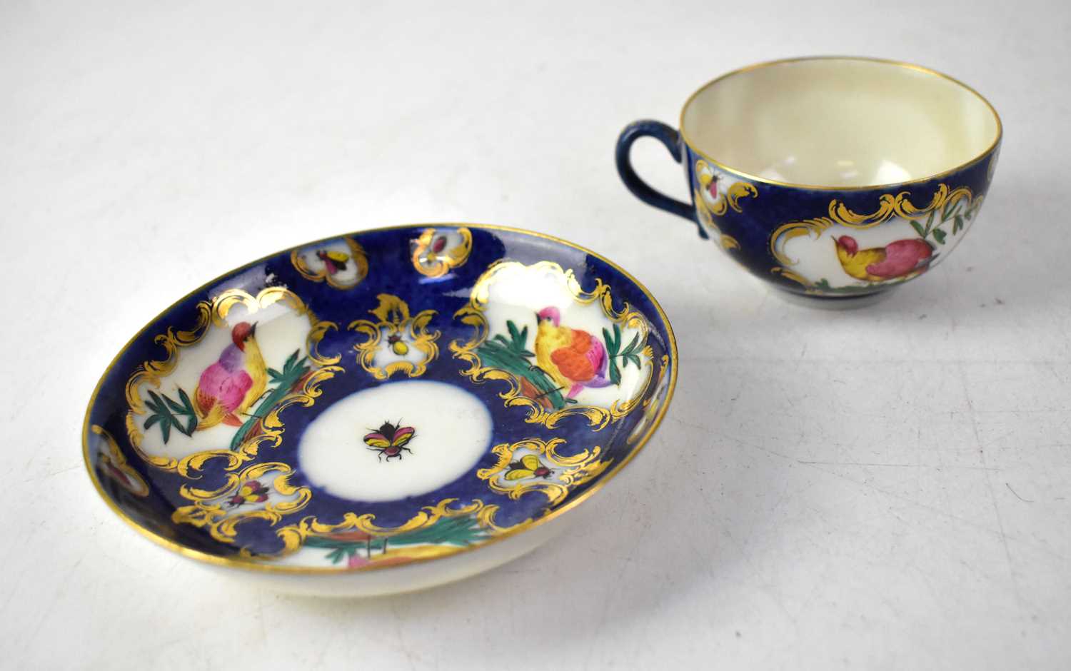 ROYAL WORCESTER; a circa 1760-65 cup and saucer, cobalt blue ground with vignettes of exotic