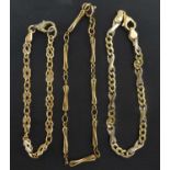 Three 9ct gold bracelets, various designs, lengths 15cm, 17cm, and 19cm.Qty: 3Condition Report: