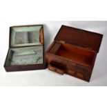 Two wooden jewellery boxes comprising a mahogany box with veneered banded top and two small drawers,