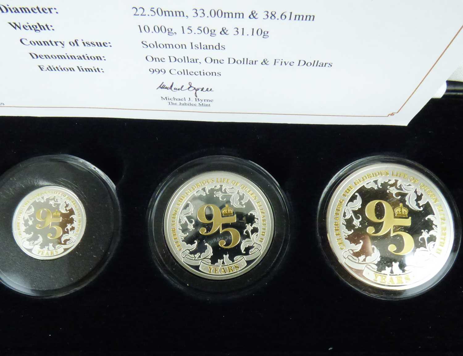 JUBILEE MINT; 'The 95th Birthday of Queen Elizabeth II Three Coin Fine Silver Proof Collection', - Image 2 of 2