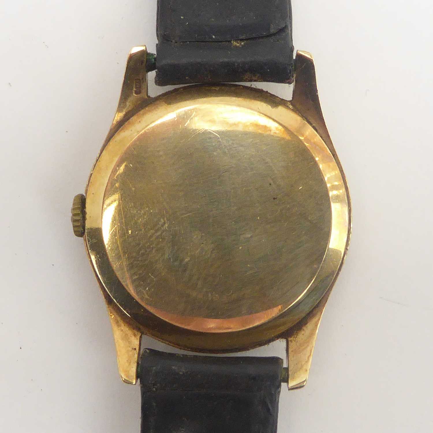 OMEGA; a gentlemen's 9ct gold wristwatch, the white enamelled dial set with Arabic numerals at 2, 4, - Image 3 of 3
