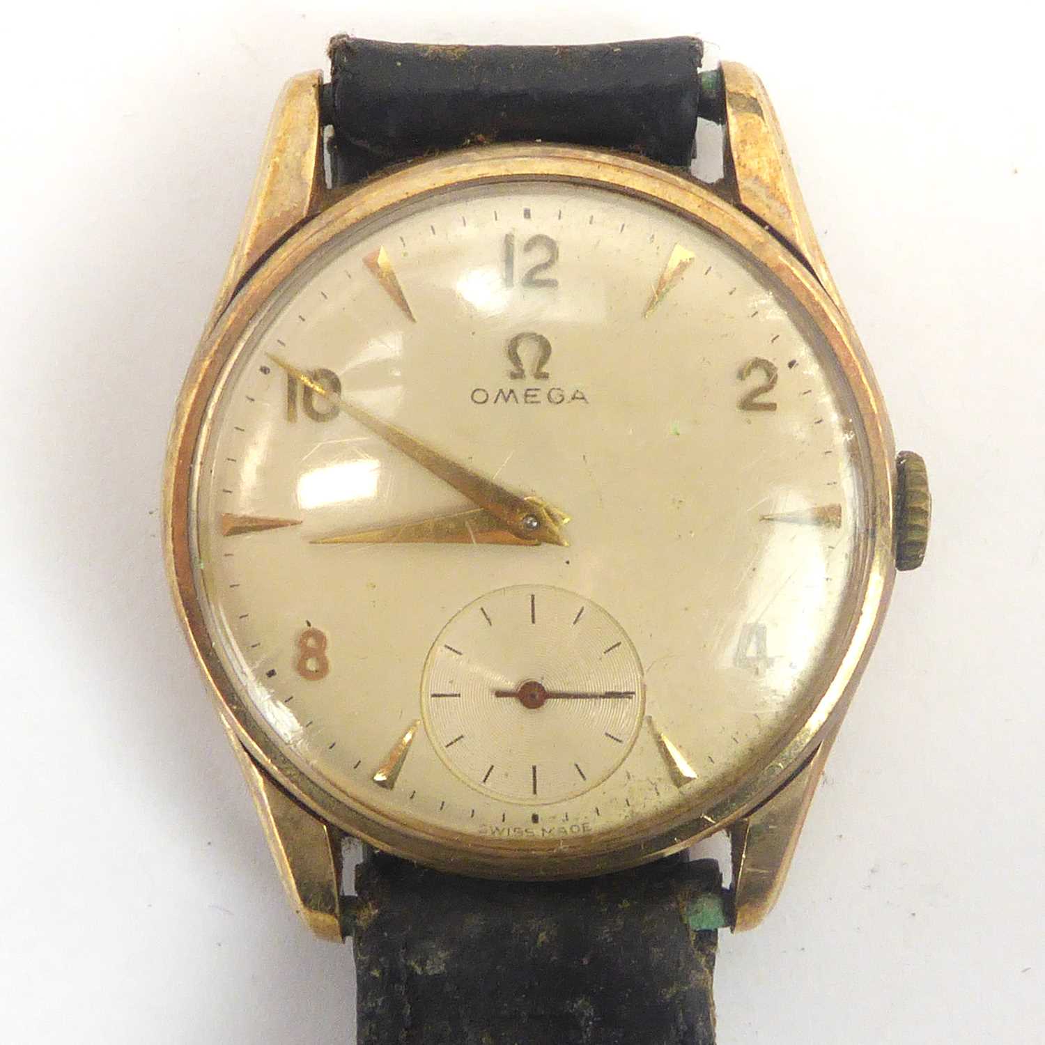 OMEGA; a gentlemen's 9ct gold wristwatch, the white enamelled dial set with Arabic numerals at 2, 4,