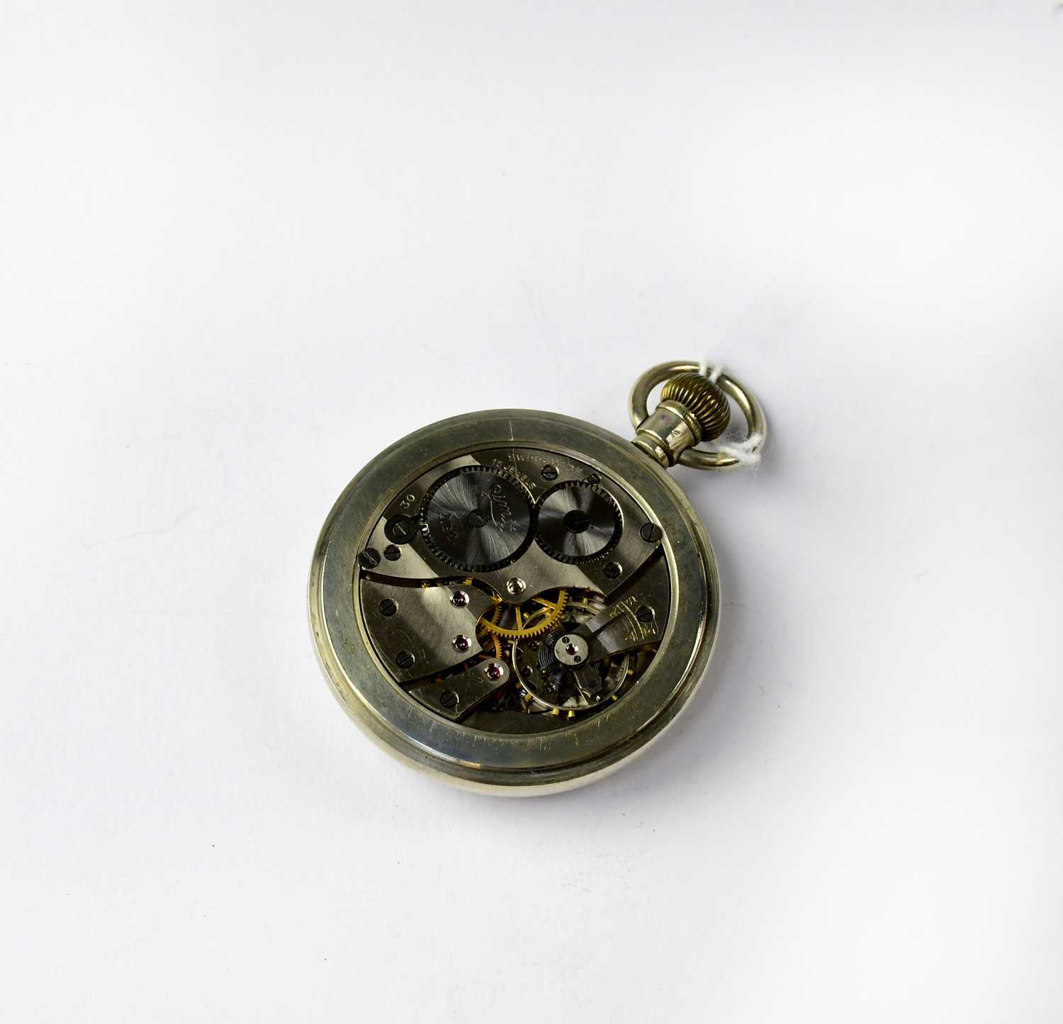 LMS; a Limit silver plated open face pocket watch, the white enamelled dial set with Roman - Image 3 of 3