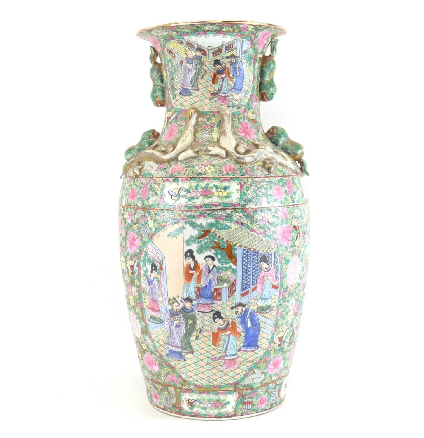 A large late 19th/early 20th century Canton Famille Rose baluster vase with flared neck decorated