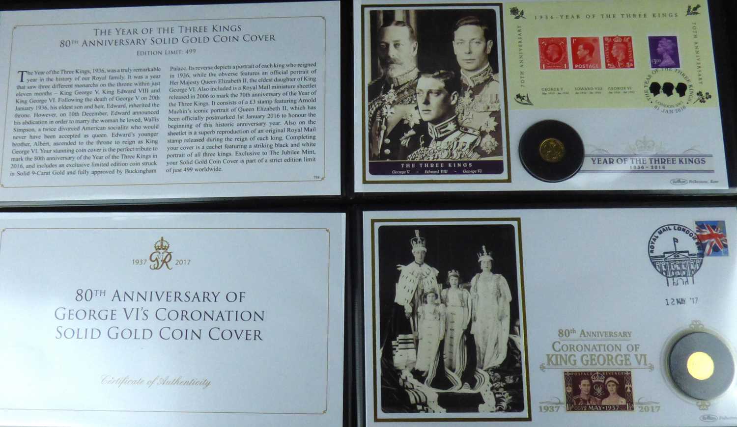 JUBILEE MINT; two 9ct gold coin commemorative covers, comprising '80th Anniversary of George VI