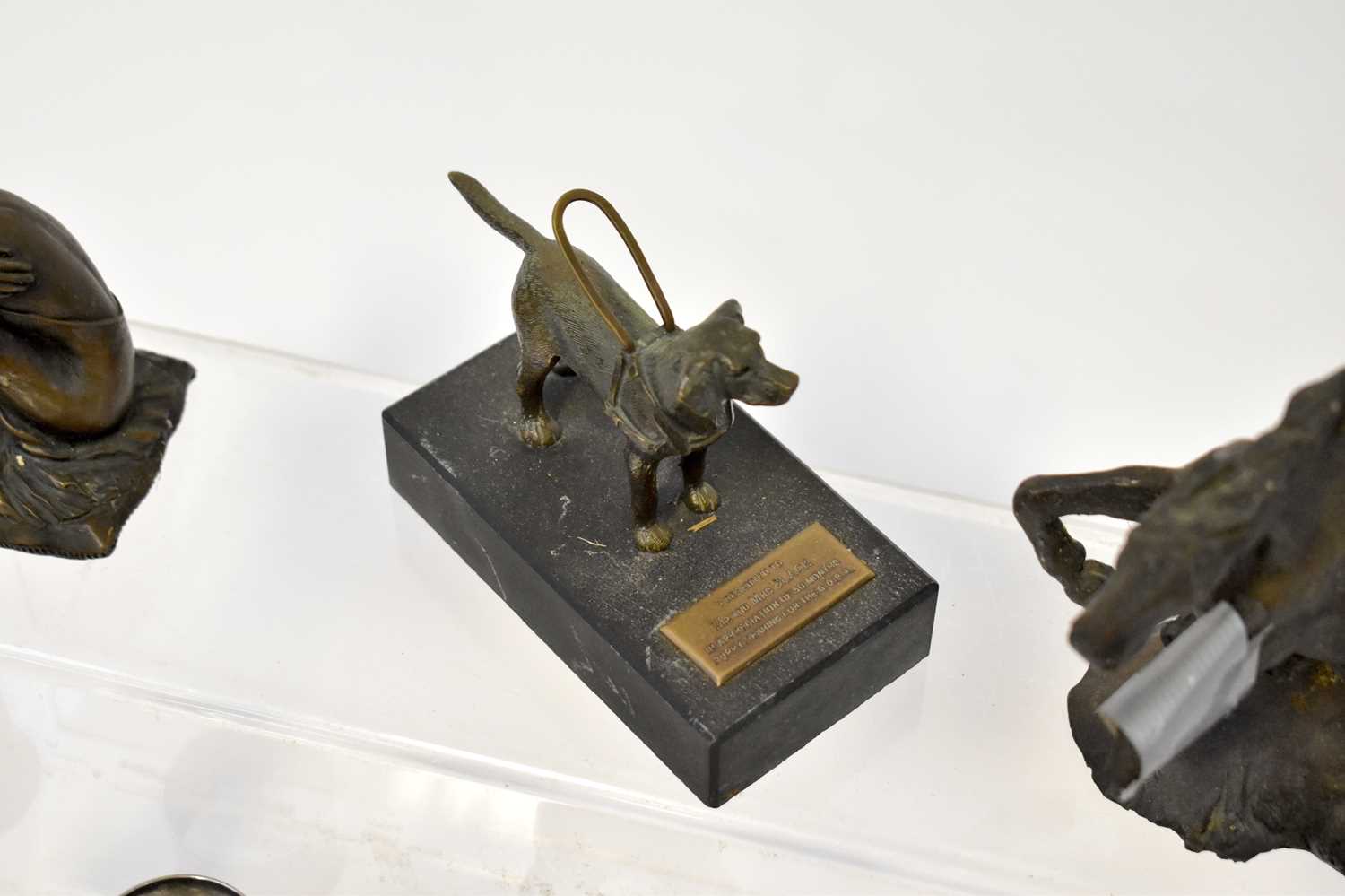 A collectors' lot comprising a bronzed model of a dog raised on stand, a sword-form letter opener, - Image 3 of 3