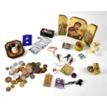 A collectors' lot comprising lighters, coinage, a German tinplate toy, etc.