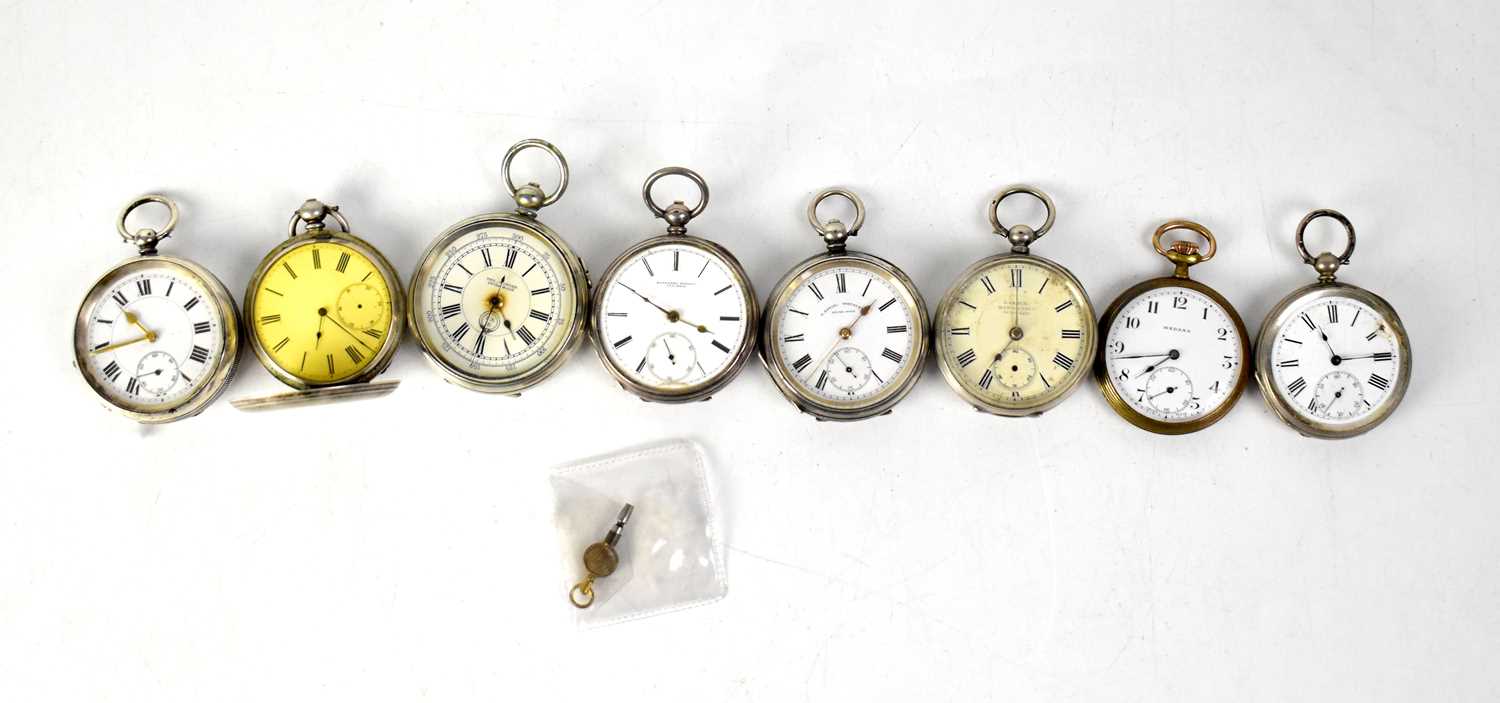 Eight hallmarked silver and white metal pocket watches to include seven open face examples and one