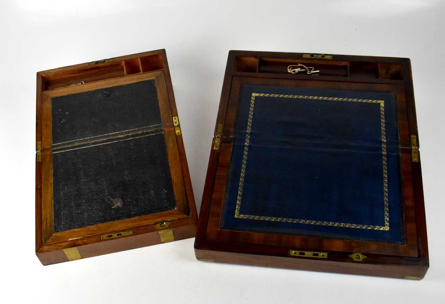 A brass bound walnut writing slope with gilt tooled blue leather inset writing panel, with vacant - Image 2 of 2