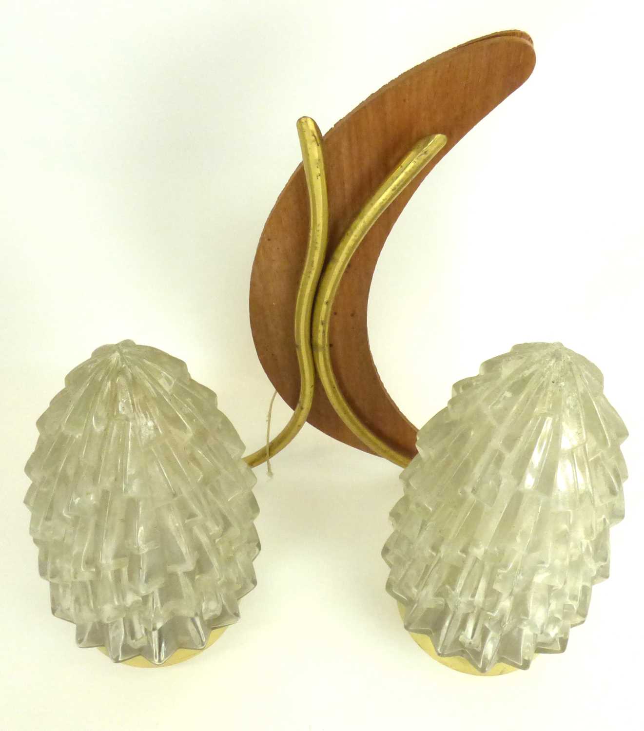 Five 1970s double wall lights with teak crescent back and brass tubular lamp mounts forming part - Image 4 of 4