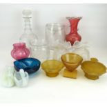 Various items of antique and vintage decorative art glass to include three pearlescent opaque