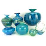 Seven items of mid-20th century art glass in the Mdina style comprising a matched pair of vases with