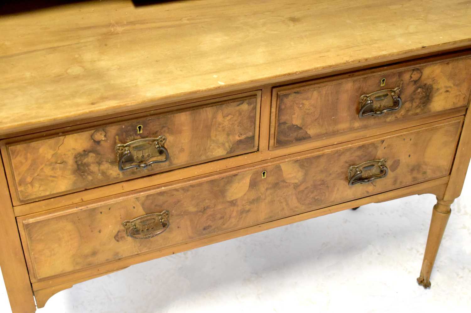 An Edwardian stripped walnut and burr walnut dressing chest with arched mirror above a single frieze - Image 3 of 3