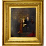 INDISTINCTLY SIGNED; a 19th century British oil on board depicting figures, possibly within a prison