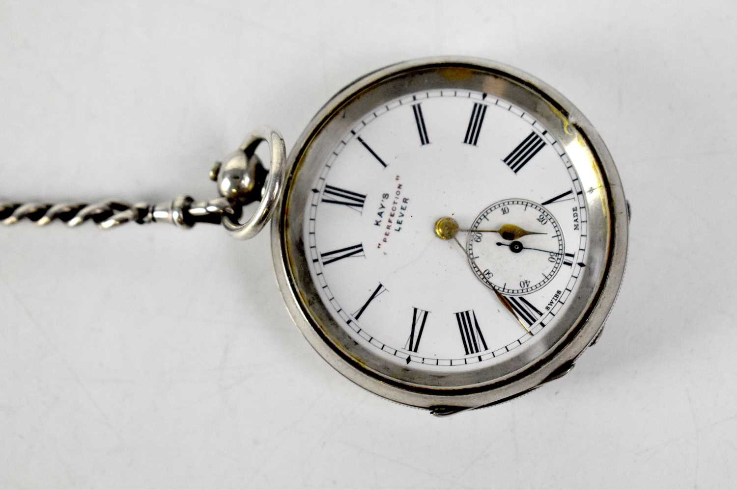 KAY'S; a 'Precision Lever' hallmarked silver open face pocket watch, the white dial set with Roman - Image 3 of 3