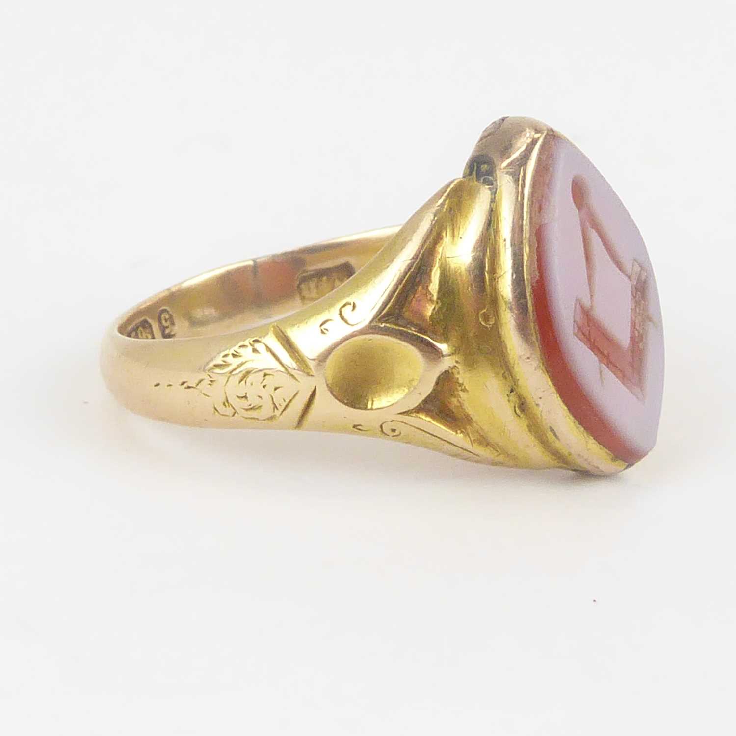 A vintage Masonic ring, the intaglio Masonic symbol to the top in a 15ct gold mount and shank, - Image 2 of 3
