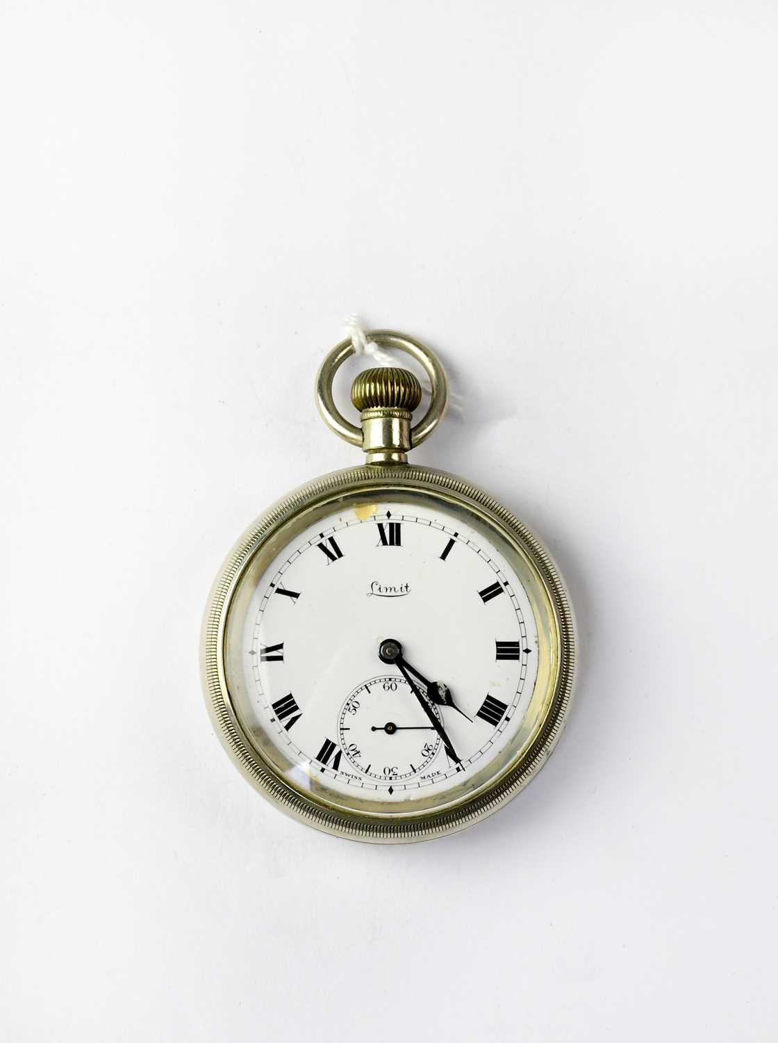 LMS; a Limit silver plated open face pocket watch, the white enamelled dial set with Roman