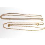 Two 9ct gold dainty necklaces one 46cm the other 50cm, both with ring clasps, approx 5g.Qty: 2