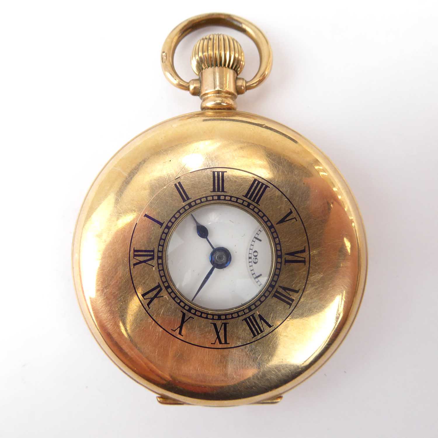OMEGA; a gold plated demi hunter pocket watch, the white enamelled dial set with Roman numerals