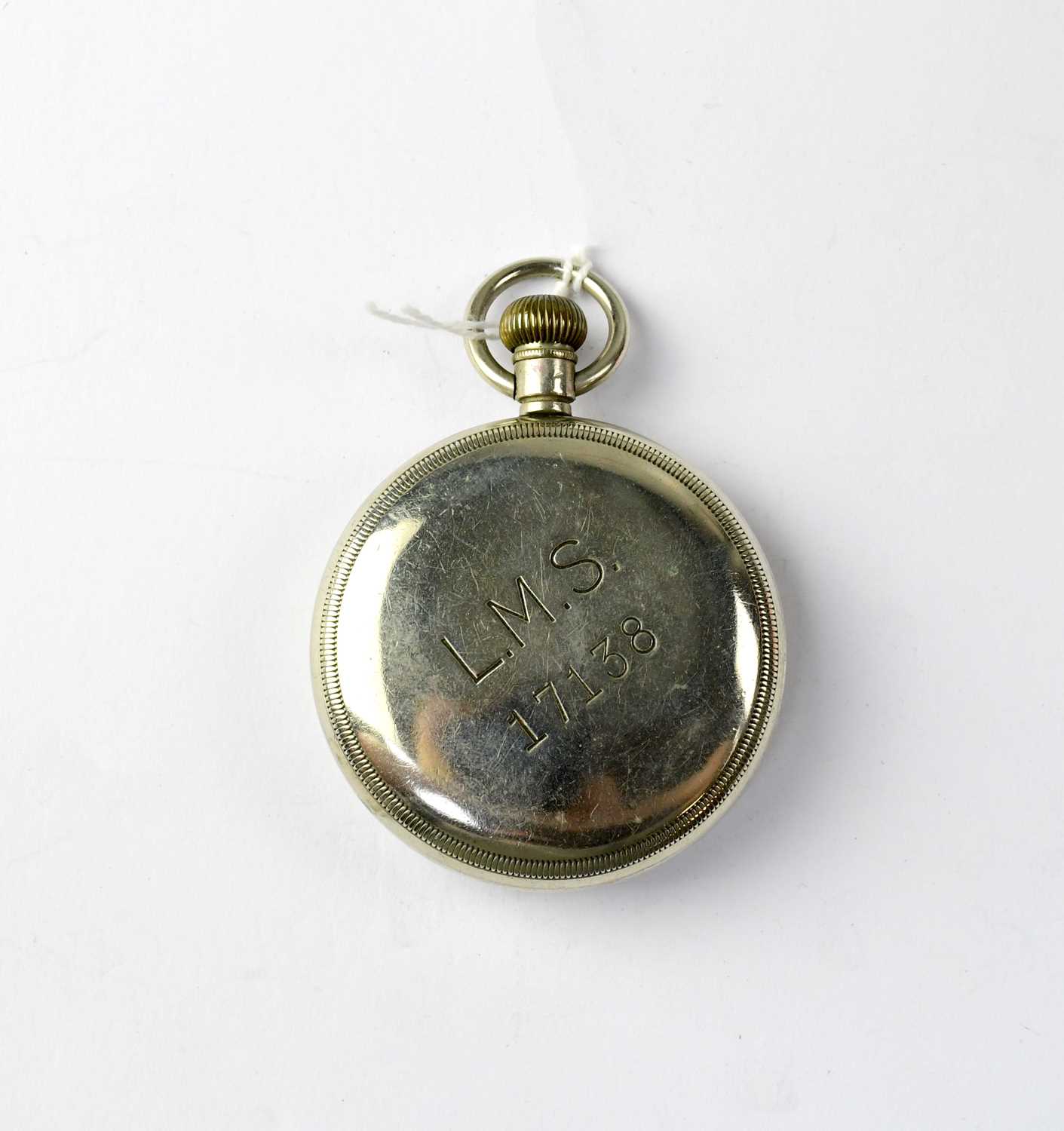 LMS; a Limit silver plated open face pocket watch, the white enamelled dial set with Roman - Image 2 of 3