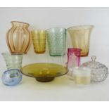 Various decorative coloured art glass items to include vases, hight of tallest, amber glass bowl,