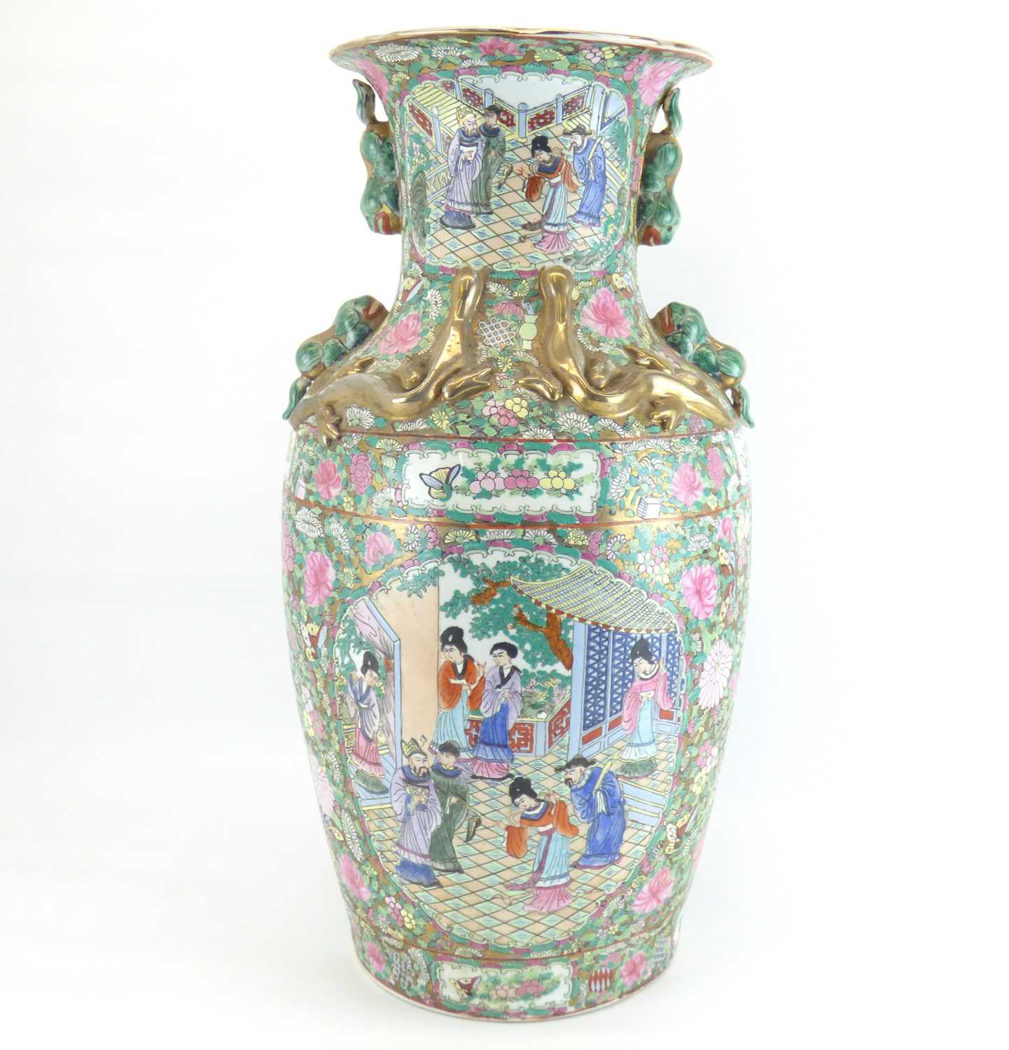 A large late 19th/early 20th century Canton Famille Rose baluster vase with flared neck decorated - Image 4 of 7