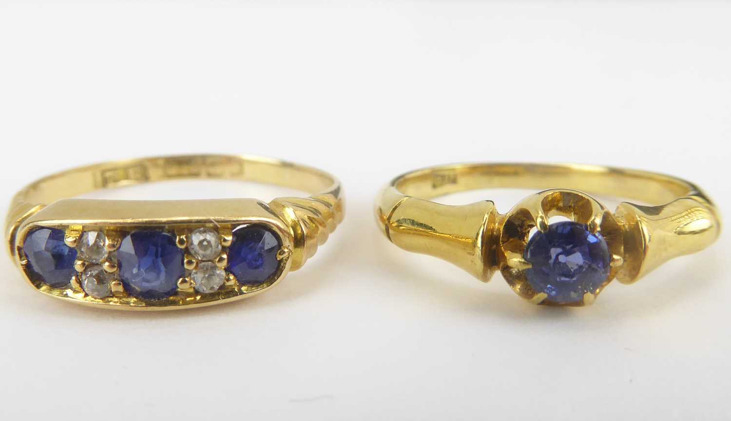 Two 18ct gold dress rings comprising an example with three channel set sapphires separated with - Image 6 of 6