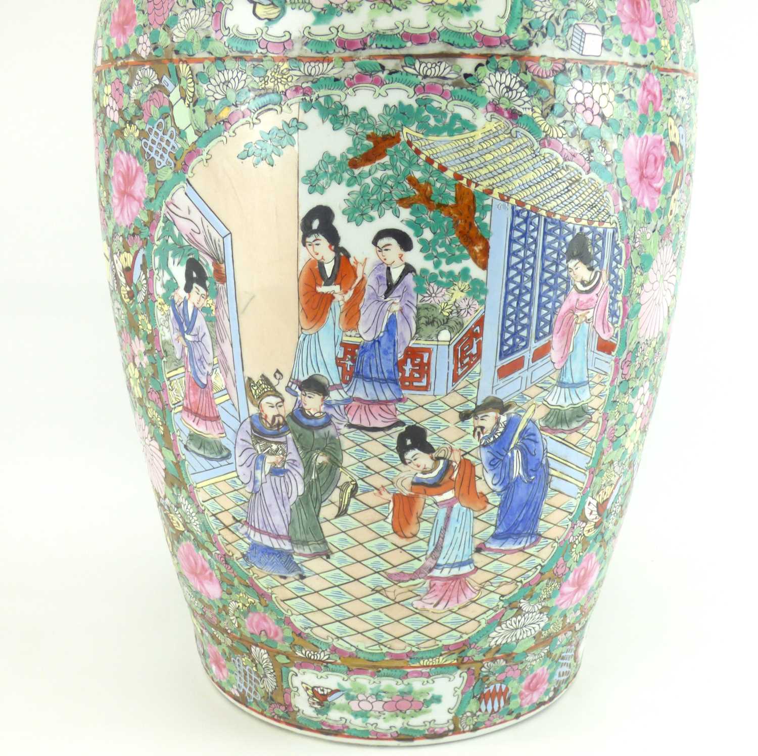 A large late 19th/early 20th century Canton Famille Rose baluster vase with flared neck decorated - Image 2 of 7