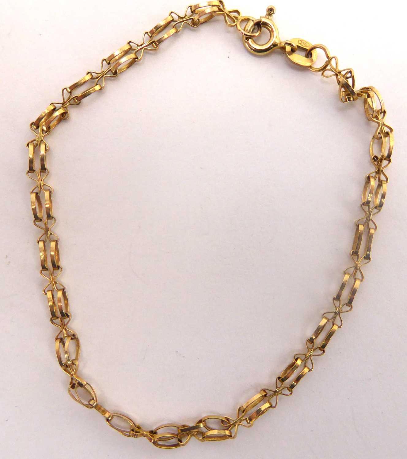 A 9ct gold dainty belcher style necklace with hoop clasp, length 82cm and a 9ct gold bracelet,