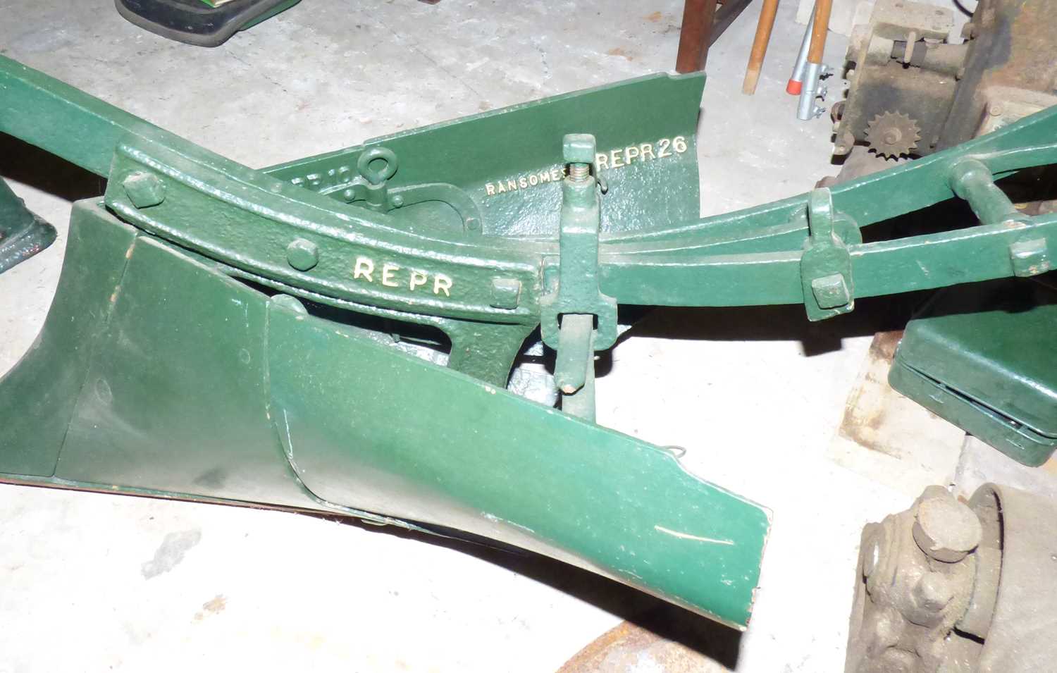 A vintage horse-drawn/machine pulled steel plough, marked Ransomes Repr 26, length 265cm. These - Image 3 of 4