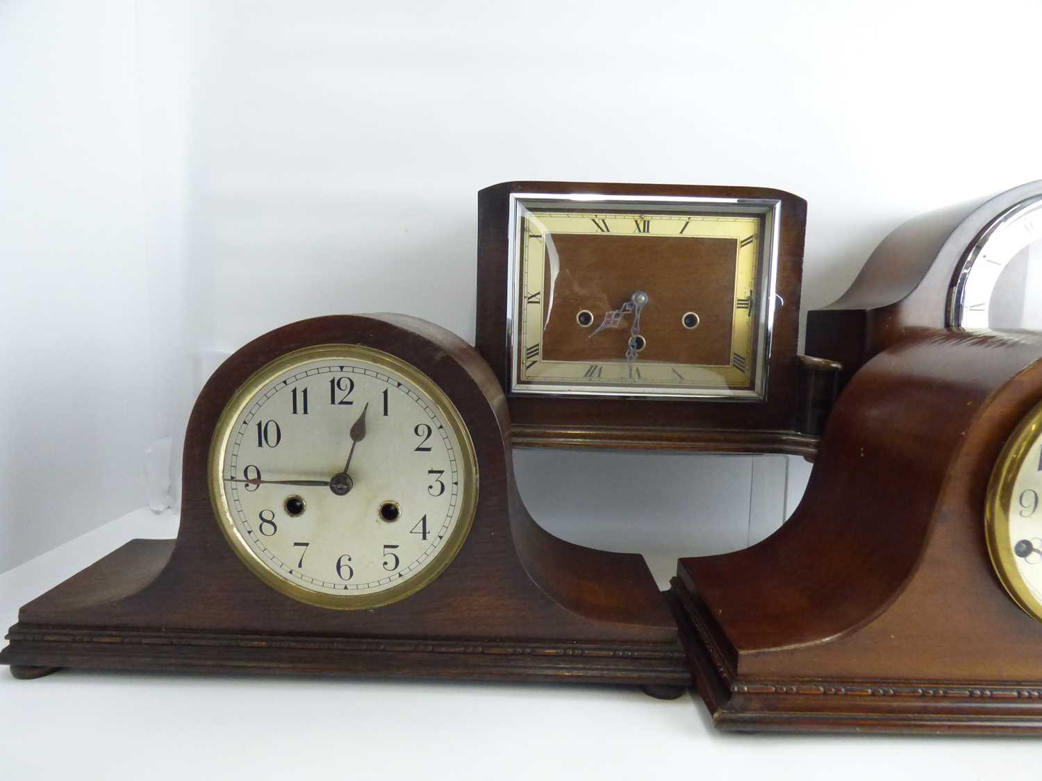 Four mantel clocks to include three oak cased examples comprising a Napoleon hat shape example, with - Image 2 of 3