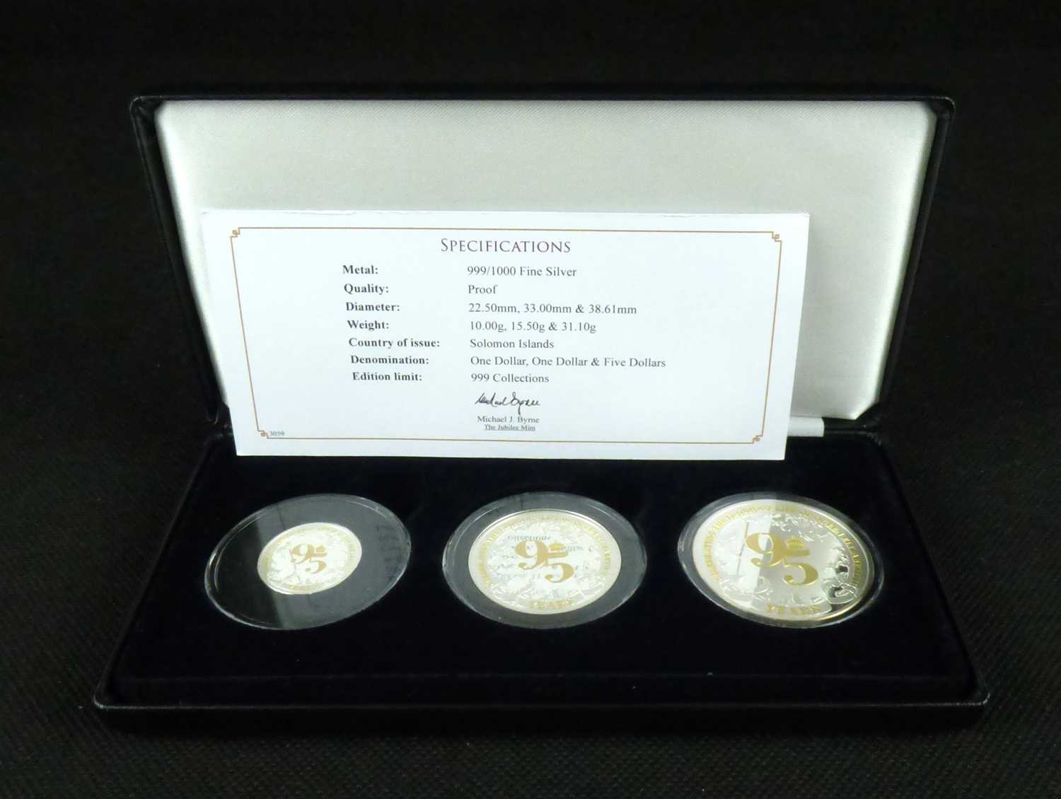 JUBILEE MINT; 'The 95th Birthday of Queen Elizabeth II Three Coin Fine Silver Proof Collection',