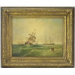 19TH CENTURY BRITISH; oil on canvas depicting four Naval sailboats on choppy waters, in ornate
