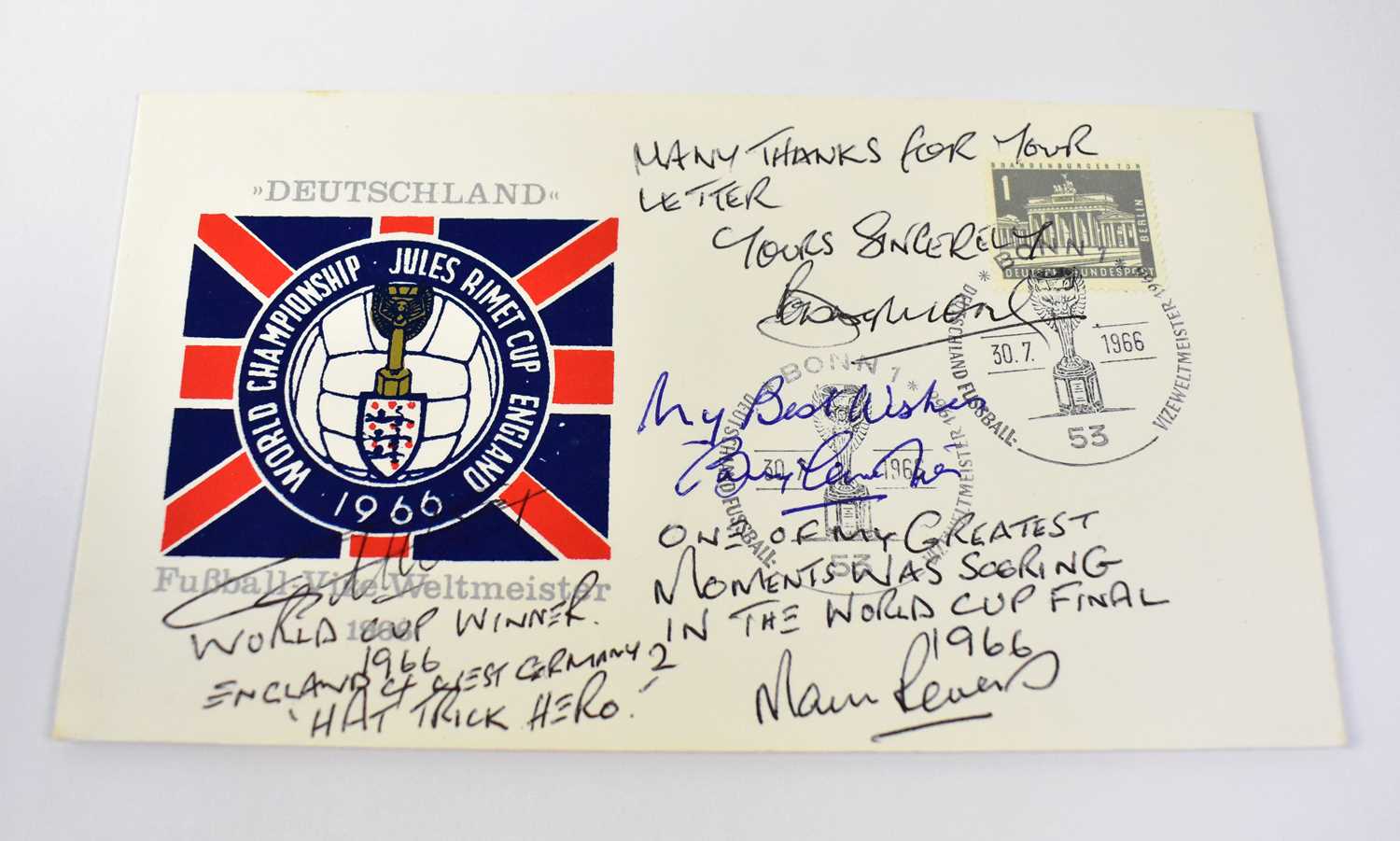 WORLD CUP 1966; a first day cover bearing the signatures of Bobby Moore, Martin Peters, Bobby