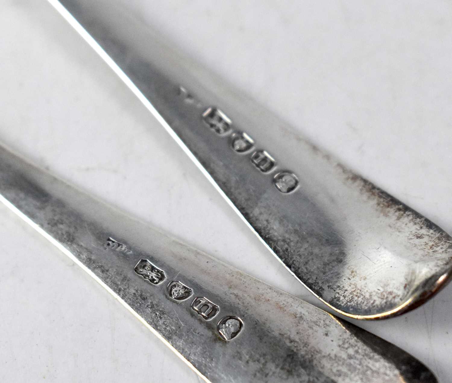 A pair of George III hallmarked silver basting spoons, maker's mark rubbed, London 1788, combined - Image 2 of 2