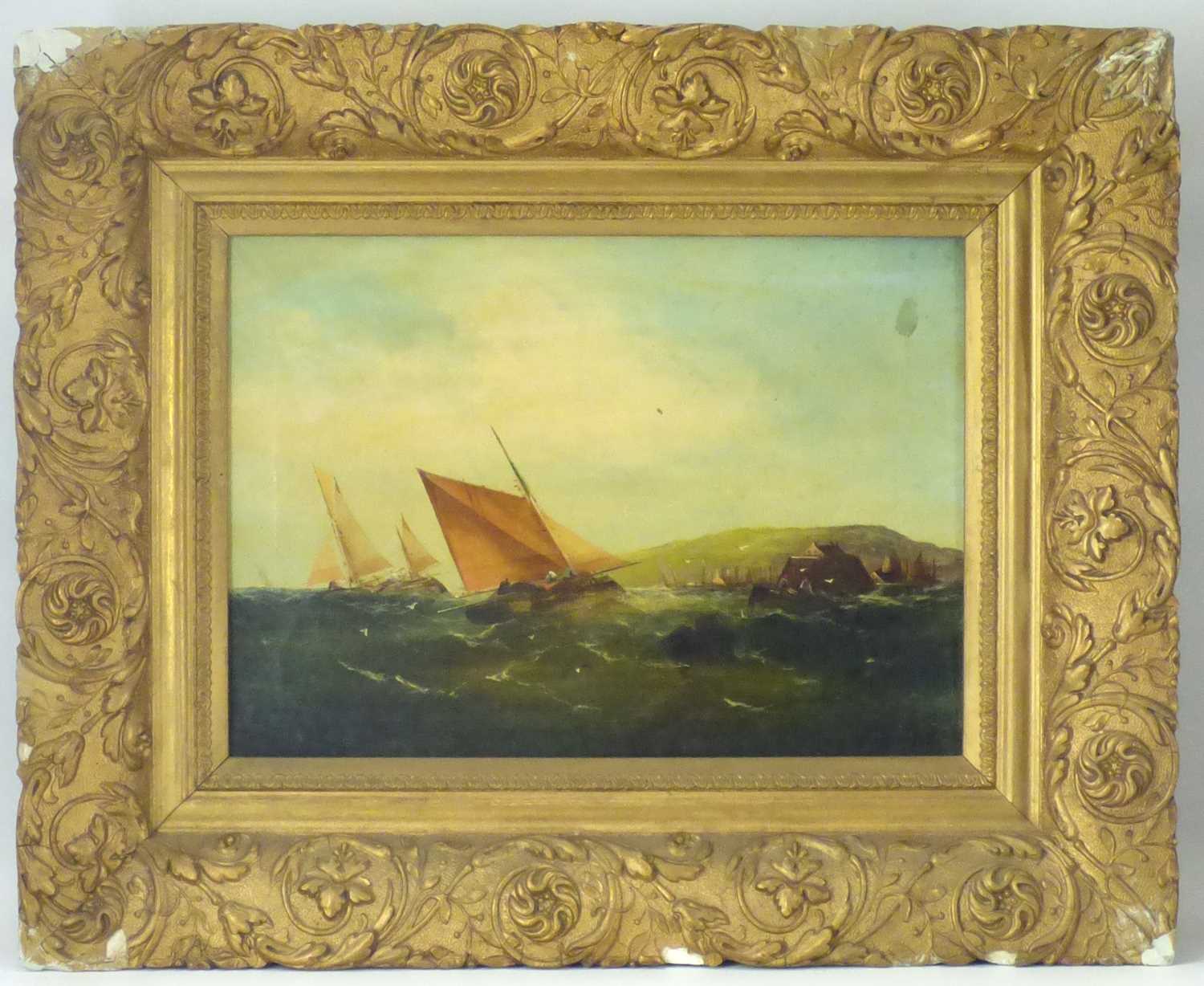 19TH CENTURY BRITISH; oil on canvas, maritime scene of sailboats off coastline, unsigned, in