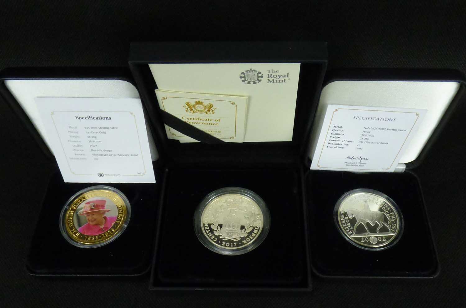 Three silver proof collectors' coins comprising Jubilee Mint 'United Kingdom 2002 Golden Jubilee