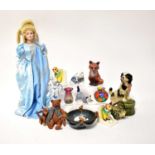 A quantity of various decorative ceramics to include blue and white ware, model foxes, teddy