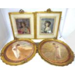 Four 19th century coloured prints of Classical theme comprising two matching frames, one