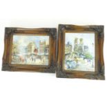 Two modern oil paintings depicting Parisian street scenes, one 19 x 24cm, the other 24 x 19cm,