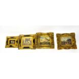 Four decorative paintings and pictures, each in ornate gilded frame, a 19th century clipper, dog and