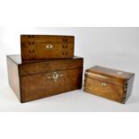 A mother of pearl inlaid burr walnut sewing box, 15 x 30 x 22cm, a further smaller burr walnut