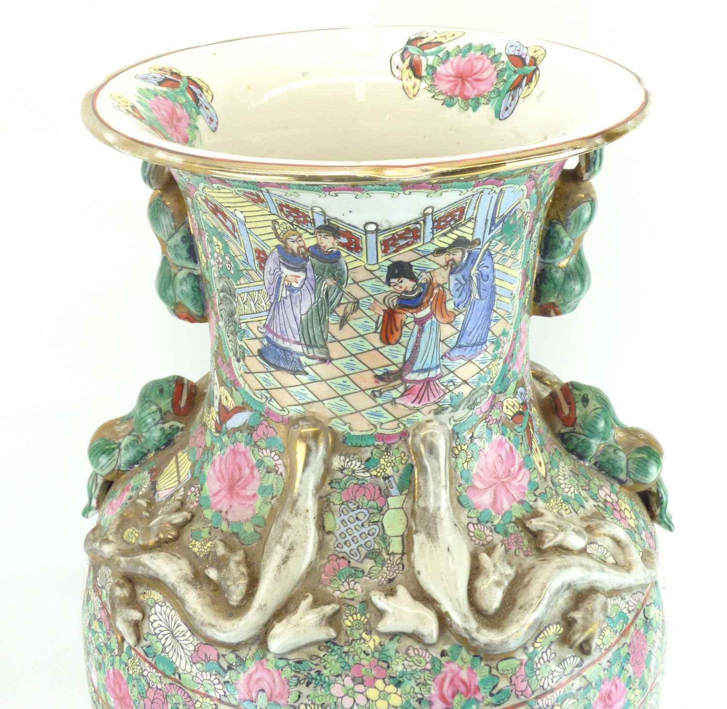 A large late 19th/early 20th century Canton Famille Rose baluster vase with flared neck decorated - Image 3 of 7