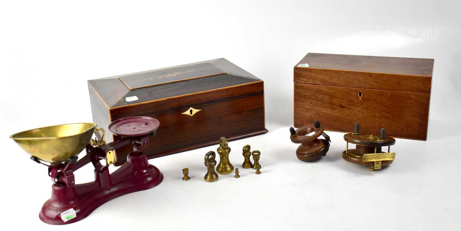 A 19th century rosewood workbox with inlaid top, together with a 19th century mahogany rectangular