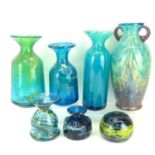 MDINA; four Mdina art glass vases of similar form, various sizes, two other vases and a