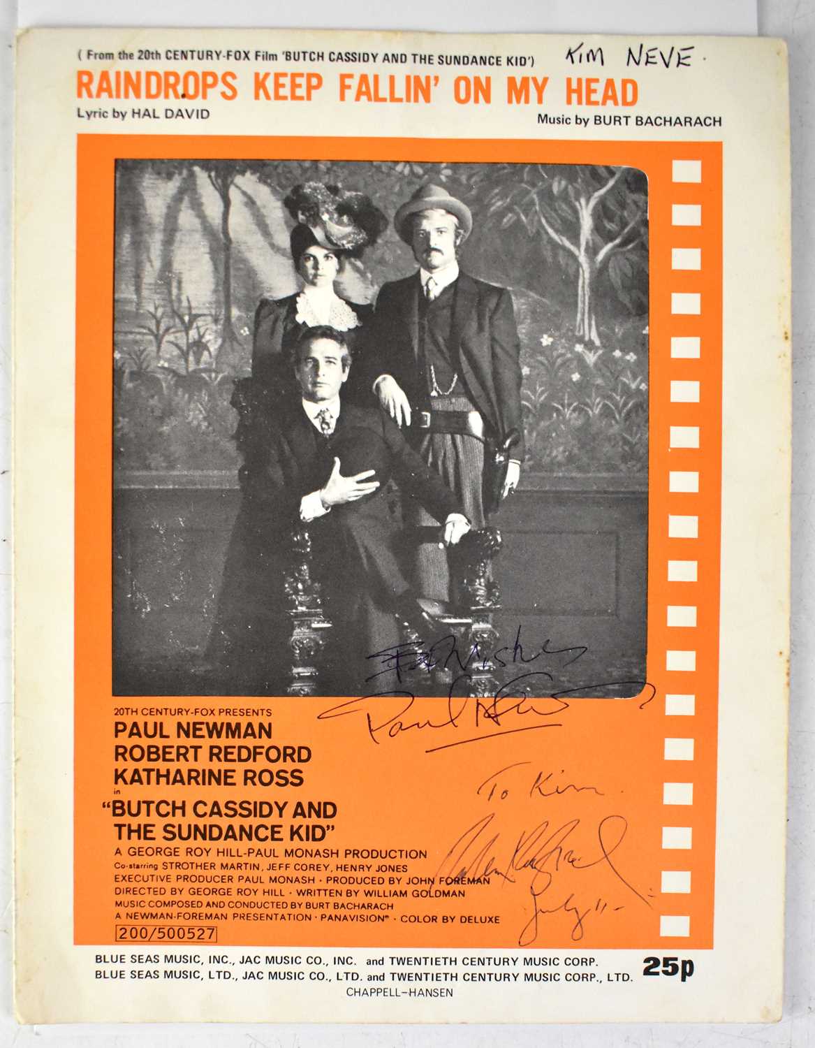 ROBERT REDFORD AND PAUL NEWMAN; 'Raindrops Keep Fallin' On My Head' sheet music bearing the