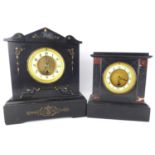 Two 19th century black slate mantel clocks of architectural design, both dials with white